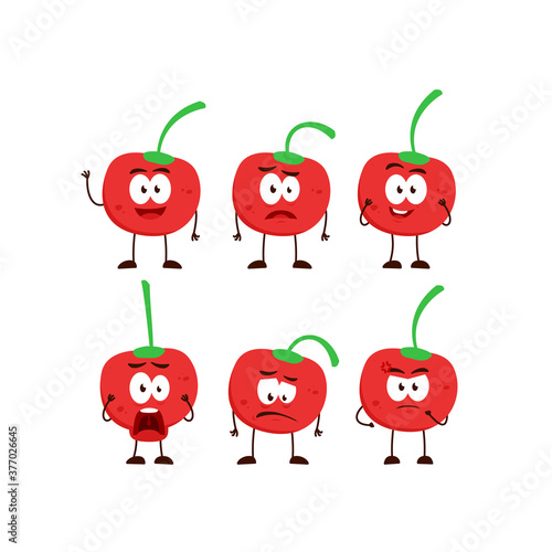 Cherry fruit character cartoon mascot pose set humanized funny expression stye