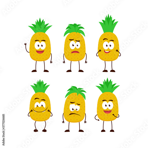 Pineapple fruit character cartoon mascot pose set humanized funny expression stye