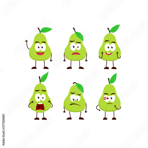 Pear avocado fruit character cartoon mascot pose set humanized funny expression stye