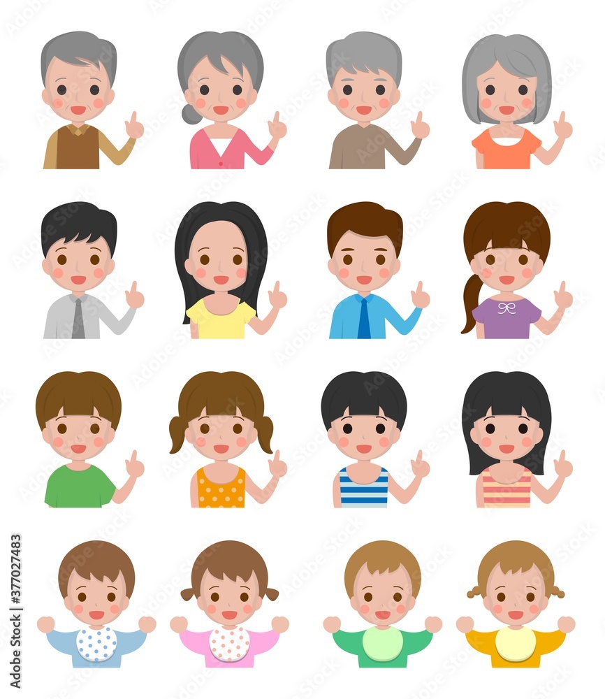 Family characters, grandparents, father, mother, boy, girl, baby, set