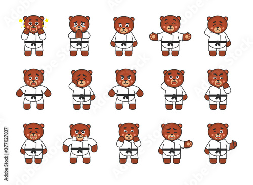 Karate bear set showing various emotions. Karate bear emoticons: amazed, begging, angry, sad, in rage, tired, suspicious and other expressions. Vector illustration bundle