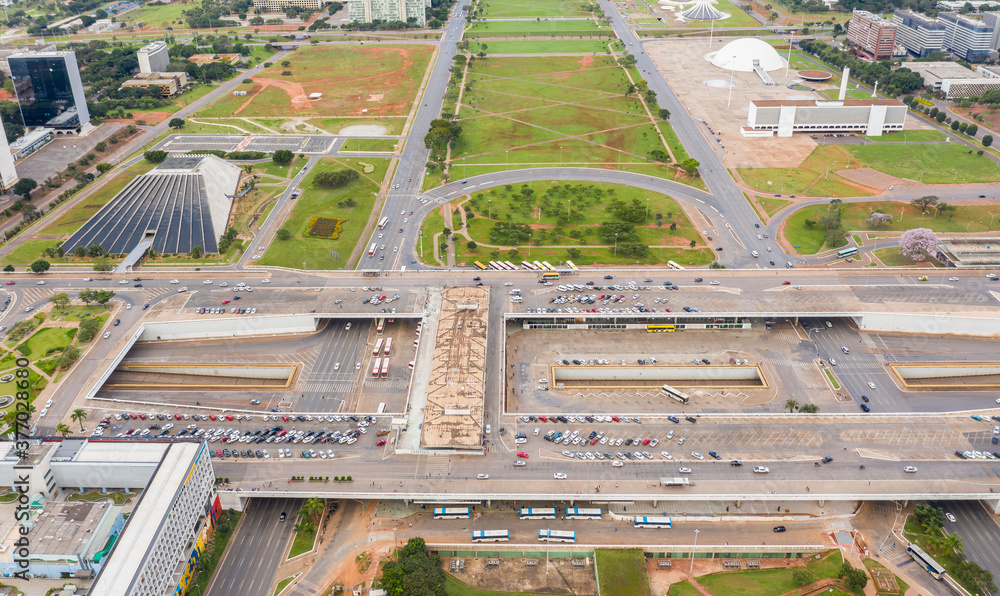 BRASILIA / BRAZIL - APRIL 28 2019: Aerial view of Brasilia's main bus station