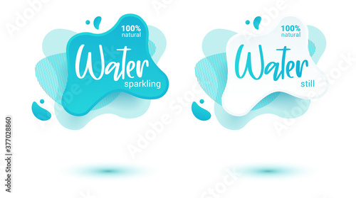 Mineral water tag. Blue label and stikers emblem with drops of water for web and print tag.Still and sparkling water label set. Vector illustration for you design. photo