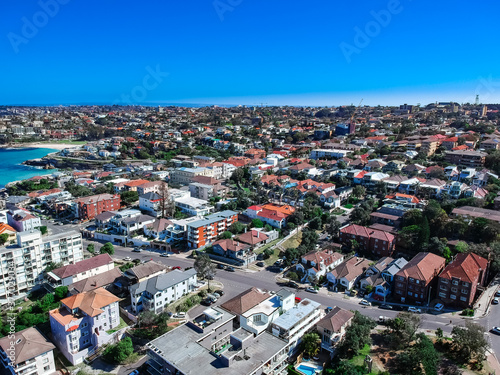Panoramic  Aerial Drone View of  Bondi Beach Sydney NSW Australia houses on the cliff