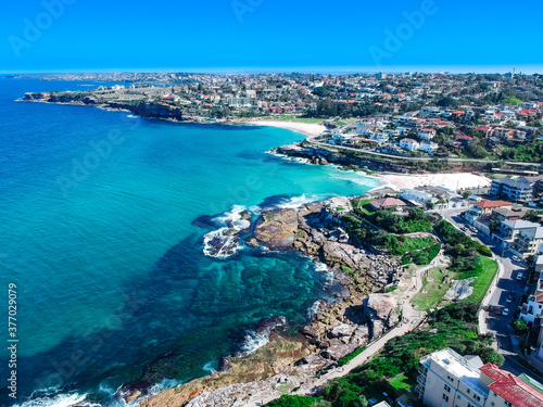 Panoramic Aerial Drone View of Bondi Beach Sydney NSW Australia houses on the cliff