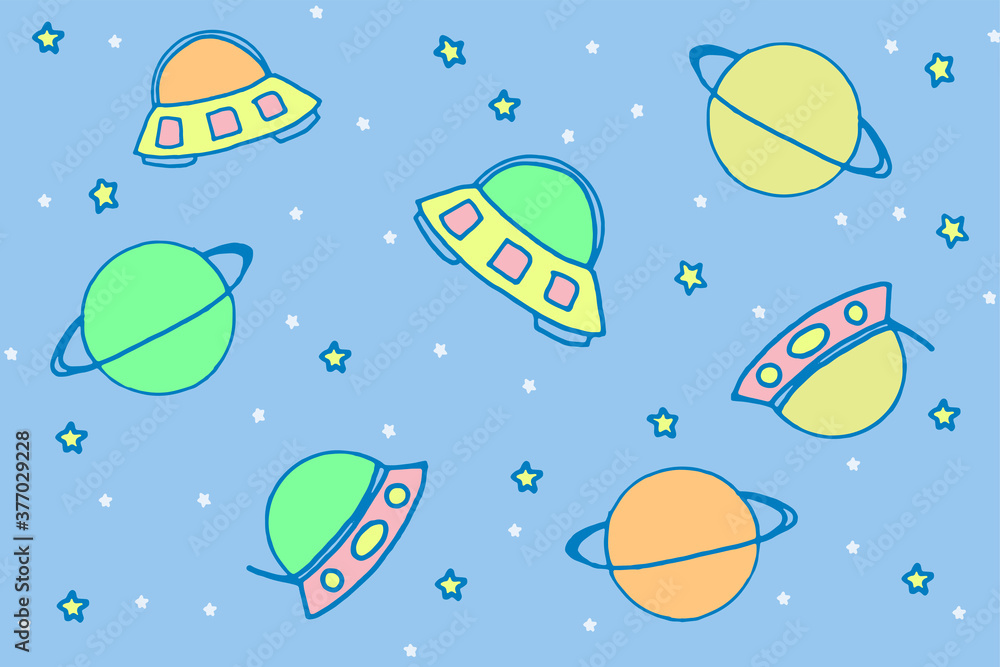 vector illustration of space isolated on blue background. spaceship, planet, star, space background. cartoon style. modern scribble for kids, card, wallpaper, fabric, wrapping, sticker, cover. doodle. vector illustration of space isolated on blue background. spaceship, planet, star, space background. cartoon style. modern scribble for kids, card, wallpaper, fabric, wrapping, sticker, cover. doodle.