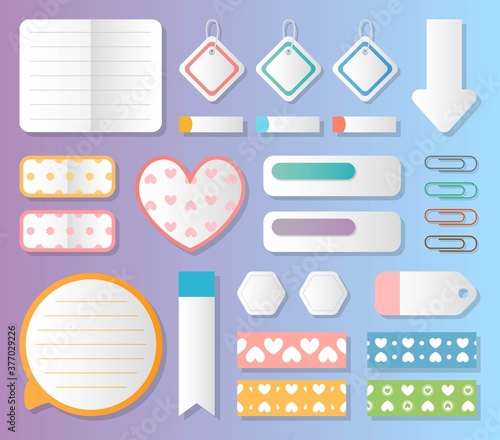 Colorful post-it notes, note sticks, note papers, paper clips, sets