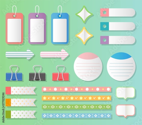 Colorful post-it notes, note stickers, note papers, clips, sets