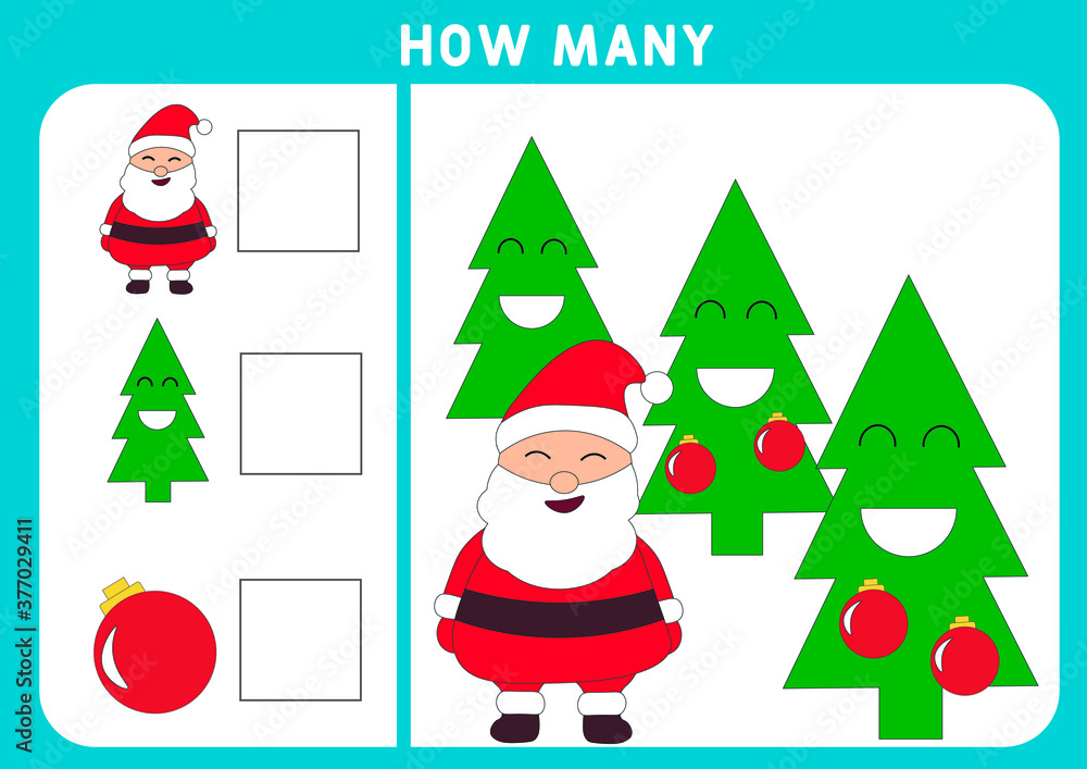 Educational mathematical game. How many objects task, christmas theme. Learning mathematics, numbers, addition theme. Counting game for children. Educational mathematical game. How many objects task, christmas theme. Learning mathematics, numbers, addition theme. Counting game for children.
