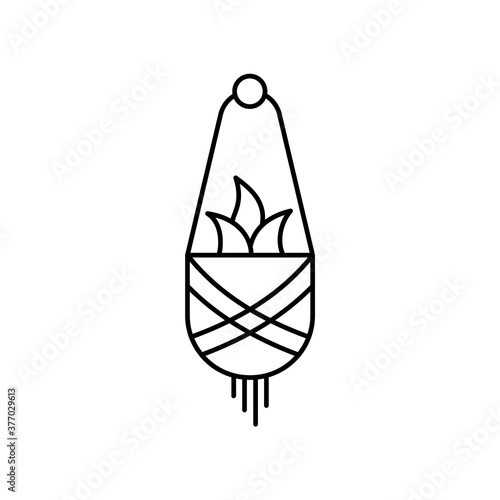 Macrame plant. Hanging flower pot with macarame. Linear icon of handmade interior decoration. Black simple illustration of trend needlework. Contour isolated vector pictogram, white background
