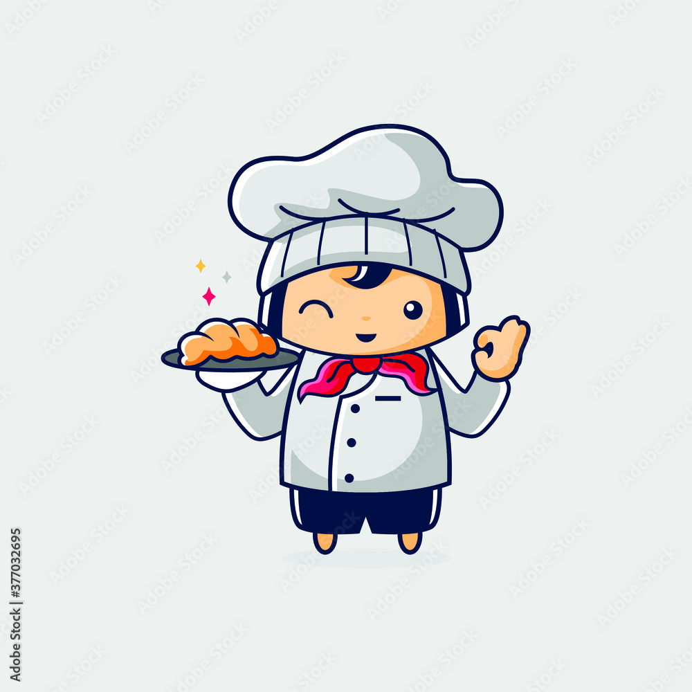 Cartoon little bakery chef hold a bread on right hand Cartoon little bakery chef hold a bread on right hand