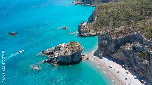 Aerial panoramic view of the famous rocky beach Kaladi. Amazing scenery with crystal clear water and the and the rock formation in Kythira island during Summer period. Ionian, Greece, Europe.