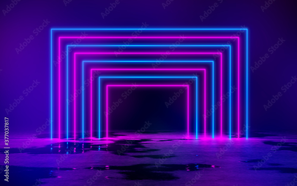 Blue and Purple Neon Tube Lights in The empty dark room 3D Rendering Illustration background Blue and Purple Neon Tube Lights in The empty dark room 3D Rendering Illustration background