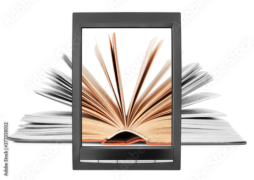 Open paper book flipping pages on electronic book display white background isolated close up, textbook turning pages on e-book screen, e-reader tablet, ebook digital library, ereader education concept photo