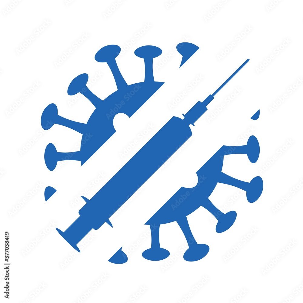 Coronavirus COVID-19 vaccine icon logo flat vector design illustration. Coronavirus and syringe. Protection against viruses.