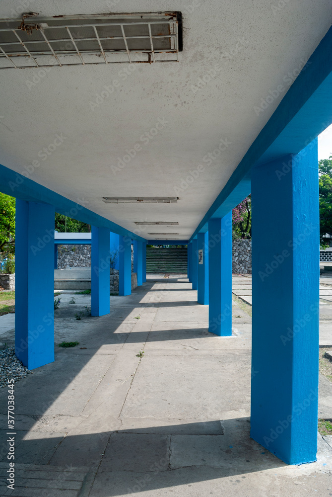 Concrete and steel structure architectural and engineering. Concrete and iron structure to protect passersby from the sun and rain.