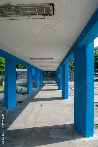 Concrete and steel structure architectural and engineering. Concrete and iron structure to protect passersby from the sun and rain.