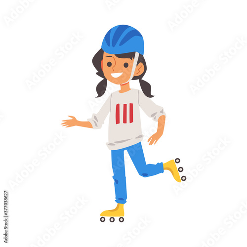 Girl character skating on roller skates flat vector illustration isolated.