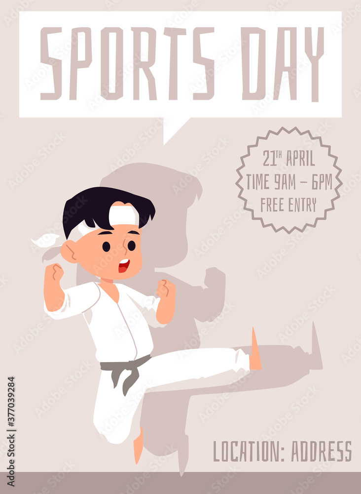 Naklejka premium School sports day banner with boy in karate pose, flat vector illustration.