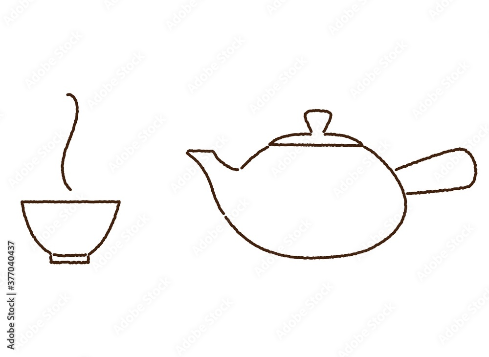 急須とお茶椀 日本茶 手描き風線画イラスト Stock Vector Adobe Stock