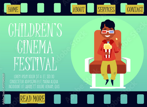 Website banner for childrens cinema festival with child flat vector illustration.