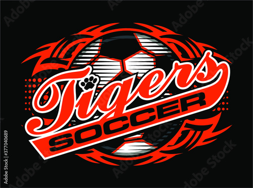 tribal tigers soccer team design in script with ball for school, college or league