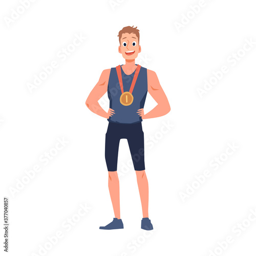 Man champion of competition with gold medal flat vector illustration isolated.
