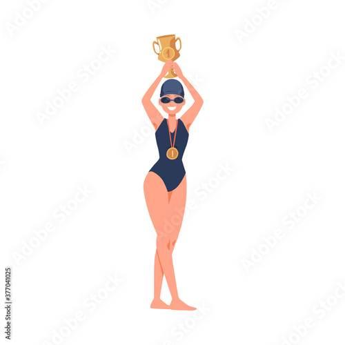Woman swimmer holding gold trophy award cup flat vector illustration isolated.