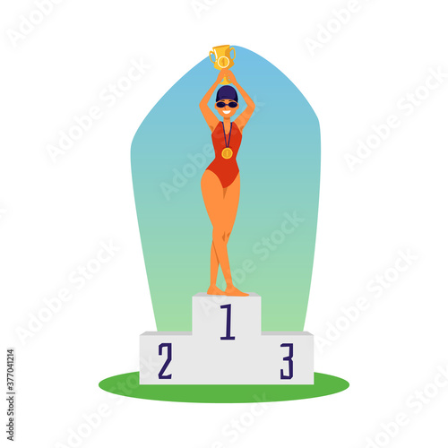 Woman winner of swim competition on award ceremony vector illustration isolated.