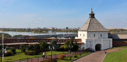 View of the taynitskaya white tower, Kazan city and kazanka river from observation deck of the Kazan Kremlin photo