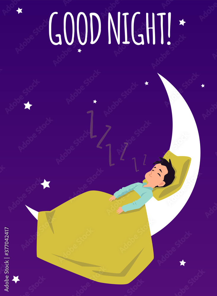 Good night card with child sleeping on the moon flat vector illustration. Good night card with child sleeping on the moon flat vector illustration.