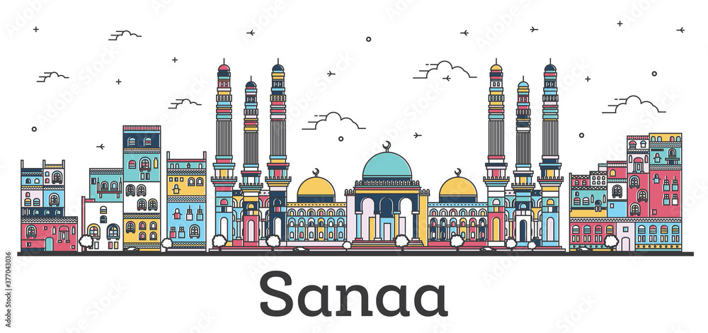 Obraz premium Outline Sanaa Yemen City Skyline with Color Buildings Isolated on White.