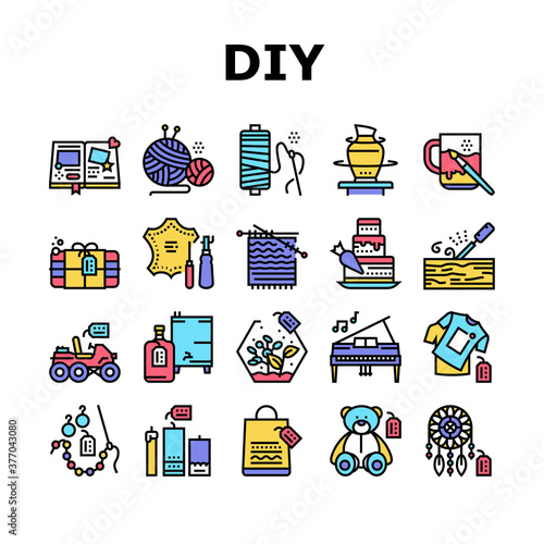 Diy Crafts Handmade Collection Icons Set Vector. Diy Crafts Soap And Clothes, Alcohol Drinks And Candles, Toys And Cake, Sewing And Knitting Color Contour Illustrations