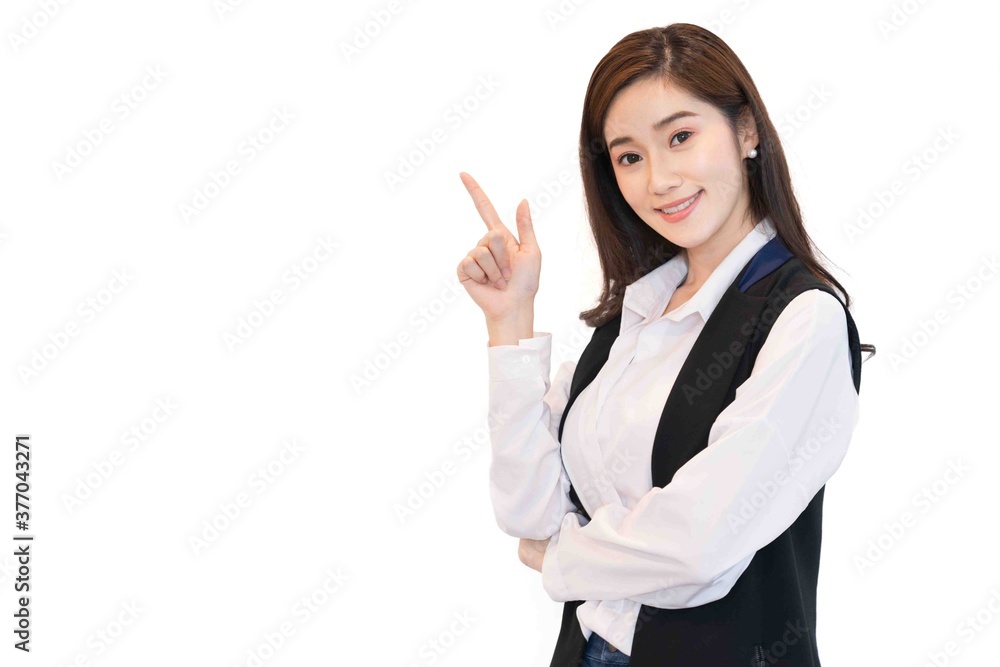 Smart smiling Asian woman in casual black and white shirt . She is standing and pointing to free space ,she smiling,feeling happy to work. Smart working girl concept Smart smiling Asian woman in casual black and white shirt . She is standing and pointing to free space ,she smiling,feeling happy to work. Smart working girl concept
