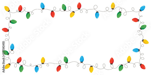 Vector Retro Colorful Holiday Christmas and New Year Intertwined String Lights Rectangular Frame on White Background. Winter Holiday Circular Decorative Element Perfect for Invitations, Postcards