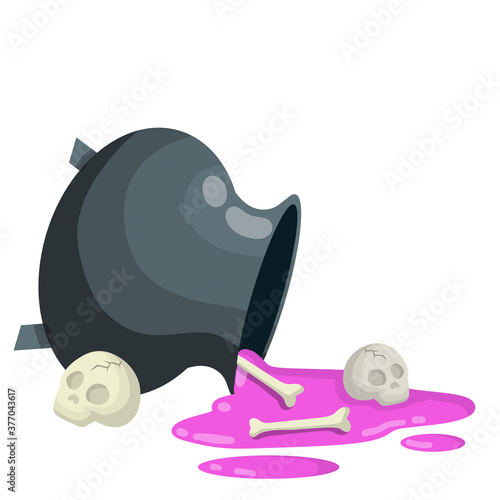Overturned cauldron of magic potion. Elixir of witches. Halloween decoration element. spilled liquid and pot. Scary Bones, skull and skeleton. Dead cooked body. Cartoon flat illustration
