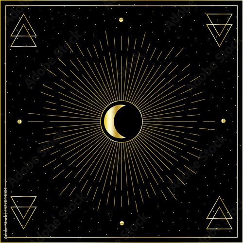 Esoteric digital vector art of night sky with golden outline.