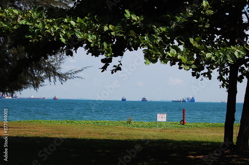 シンガポールのイーストコーストのビーチの木陰と水平線と船舶