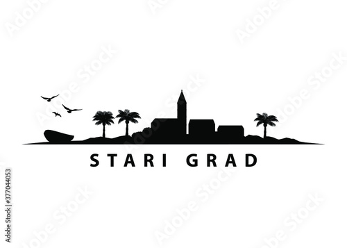 Stari Grad Croatia Island Skyline Landscape Vector Black Silhouette Shape Graphic