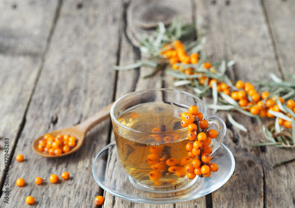 Sea buckthorn branches with berries, tea, honey and sea buckthorn jam on a wooden background. The season for harvesting medicinal sea buckthorn. Sea buckthorn branches with berries, tea, honey and sea buckthorn jam on a wooden background. The season for harvesting medicinal sea buckthorn.