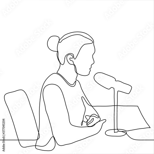 woman sitting at a table with a microphone. one continuous line drawing a woman (presenter) broadcasting on the radio / recording a podcast / giving an interview for a radio program as an expert