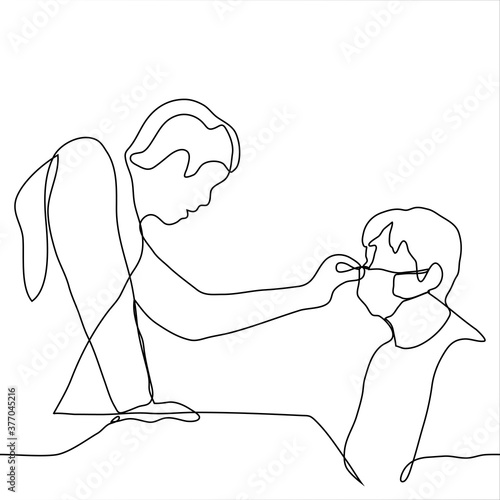 man tries to remove the mask from the face of another man. one continuous line drawing concept a person does not believe in covid-19 (coronavirus) or the protective power of a mask trying to remove it