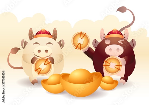 Happy Chinese New Year 2021  Year of ox. Cartoon mascot and symbol year. Cute ox with traditional Chinese red hat and gold ingot and coins  CNY on isolated background. Vector stock illustration