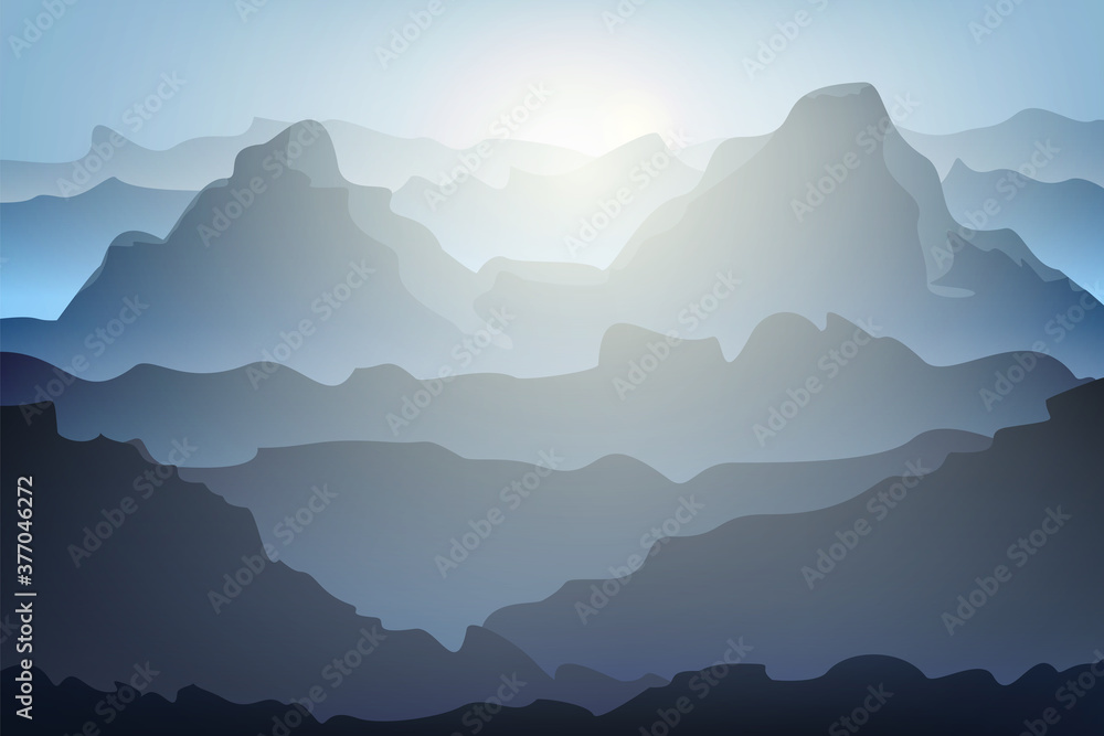Mountain landscape, silhouettes of mountains against the background of dawn.