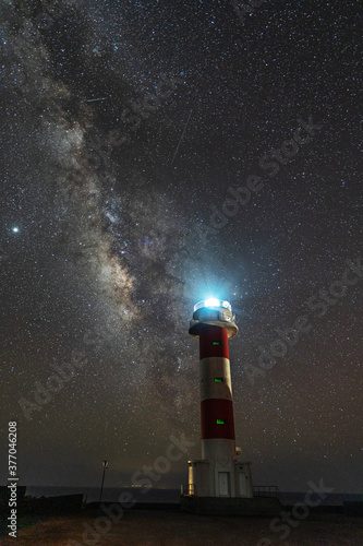 Fuencaliente lighthouse with the milky way on the route of the volcanoes south of the island of La Palma, Canary Islands, Spain