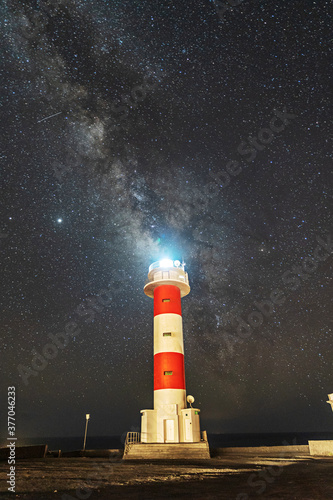 Fuencaliente lighthouse with the milky way on the route of the volcanoes south of the island of La Palma, Canary Islands, Spain