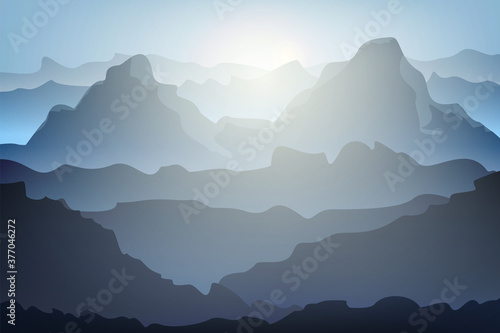 Mountain landscape, silhouettes of mountains against the background of dawn.