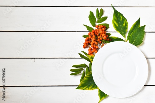 White plate on a white wooden background with green leaves. Table setting concept. View from above. copy space, flat lay.