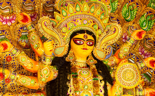 Close up view of Maa Durga's Face during Durga Puja .Durga Puja or Durgotsava,is an annual Hindu festival celebrated mainly in West Bengal,India.