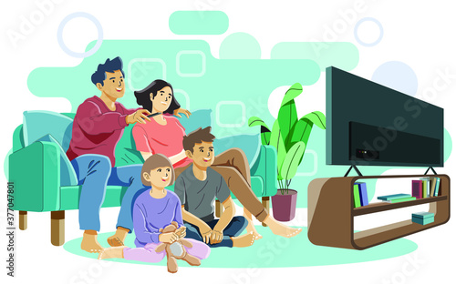 happy family watching tv together